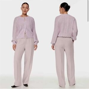 Aritzia Lavender Cardigan and Light Beige Trousers